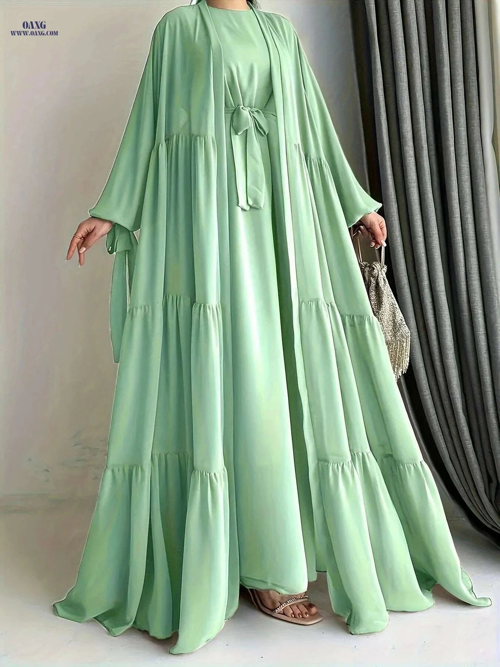 Elegant Chiffon Abaya with Lantern Sleeves - Ruffle Detail & Belt   OAXG 