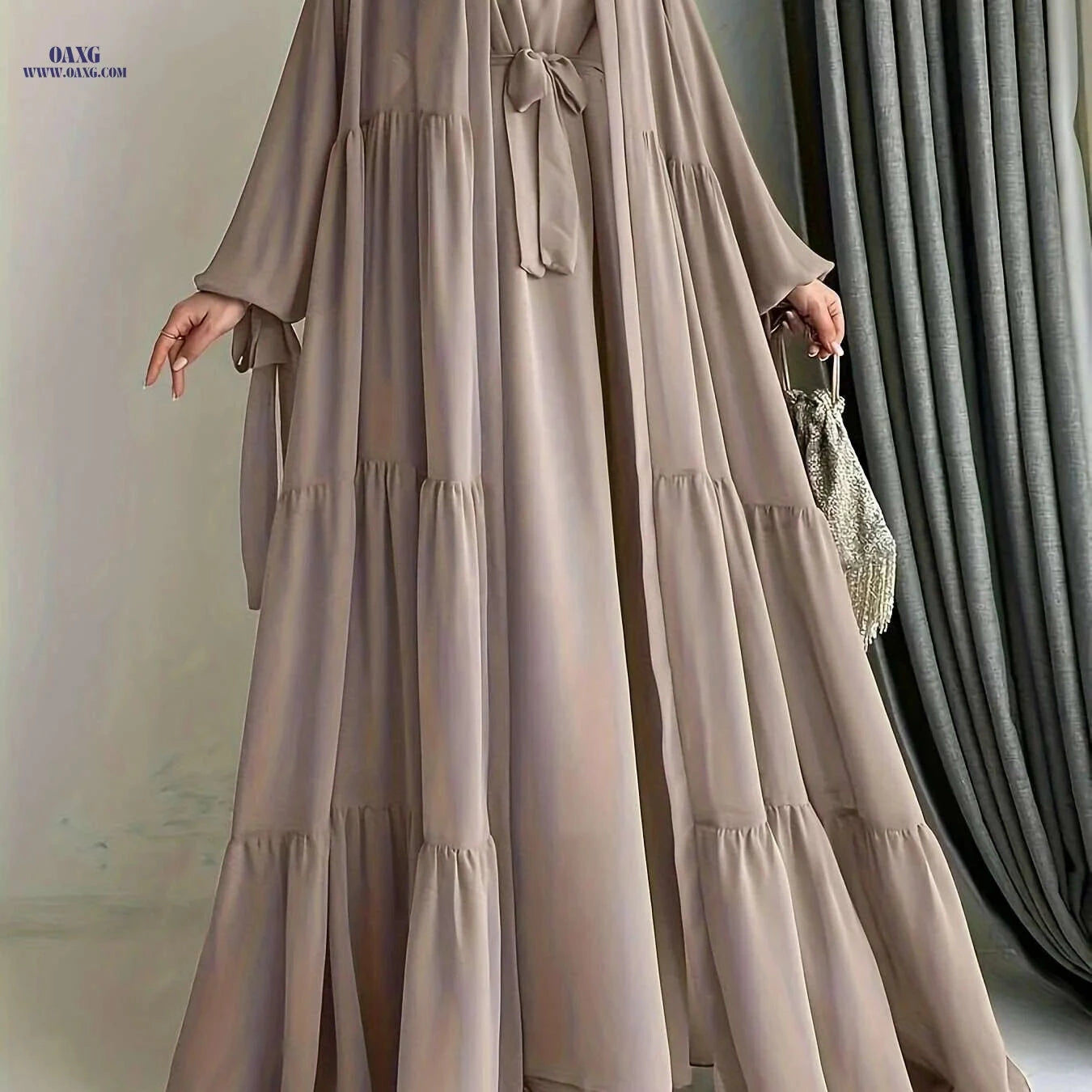 Elegant Chiffon Abaya with Lantern Sleeves - Ruffle Detail & Belt   OAXG 