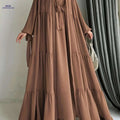Elegant Chiffon Abaya with Lantern Sleeves - Ruffle Detail & Belt   OAXG Dark Brown / S