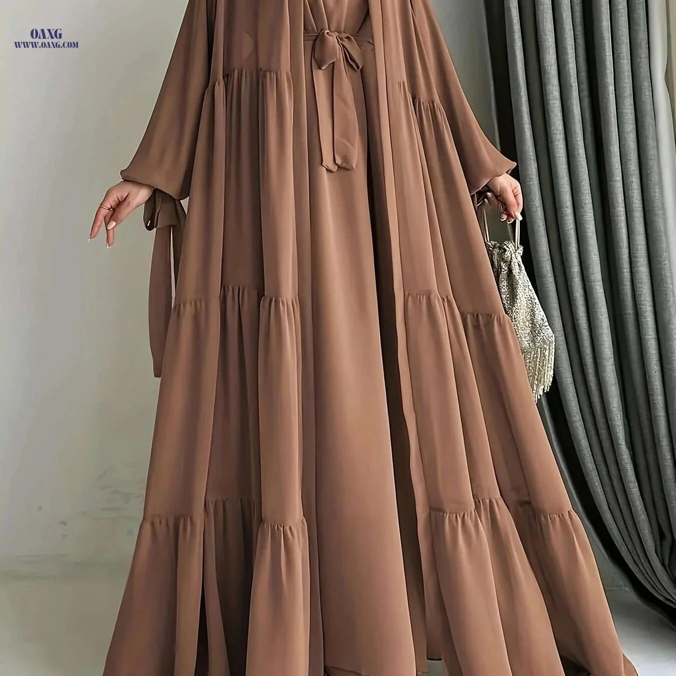 Elegant Chiffon Abaya with Lantern Sleeves - Ruffle Detail & Belt   OAXG Dark Brown / S