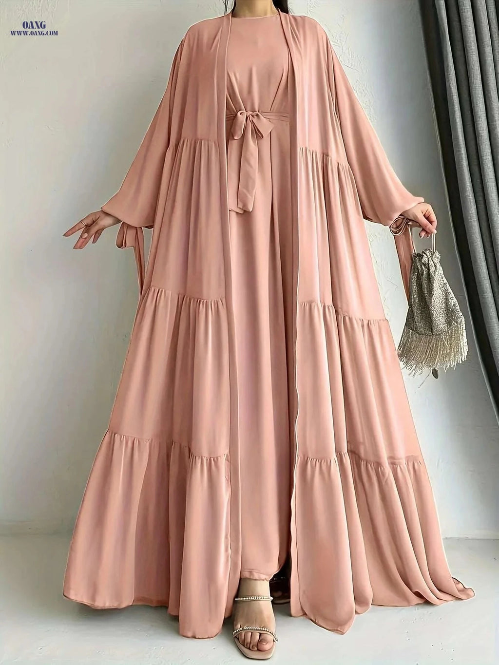 Elegant Chiffon Abaya with Lantern Sleeves - Ruffle Detail & Belt   OAXG Dark Brown / S