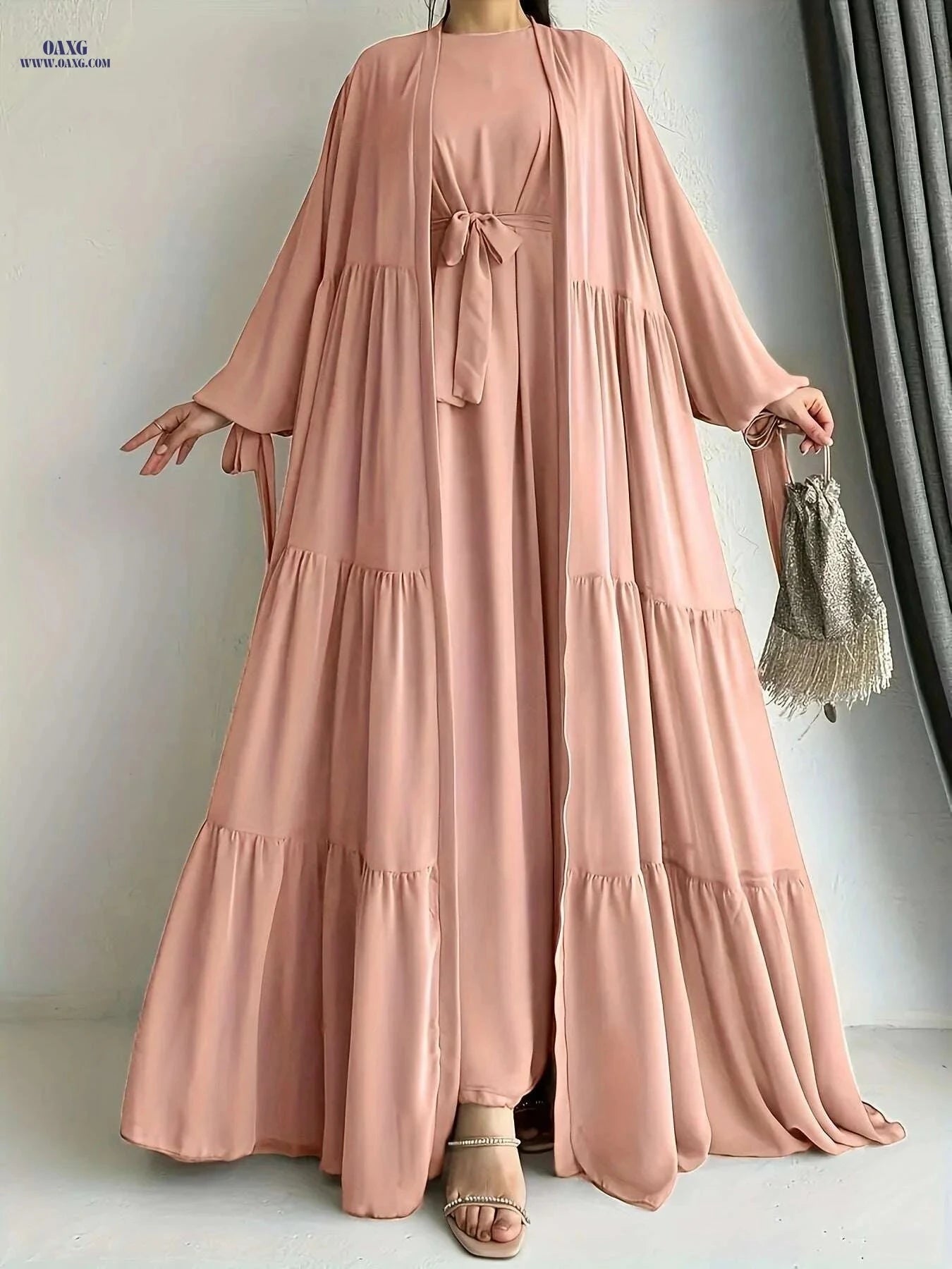 Elegant Chiffon Abaya with Lantern Sleeves - Ruffle Detail & Belt   OAXG Dark Brown / S