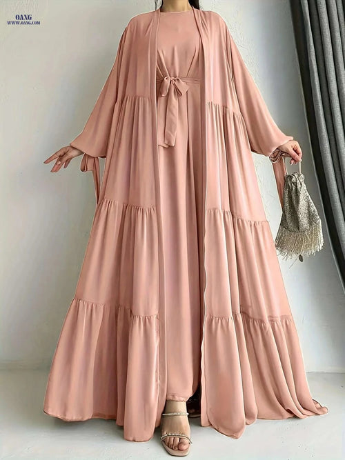 Elegant Chiffon Abaya with Lantern Sleeves - Ruffle Detail & Belt   OAXG Dark Brown / S
