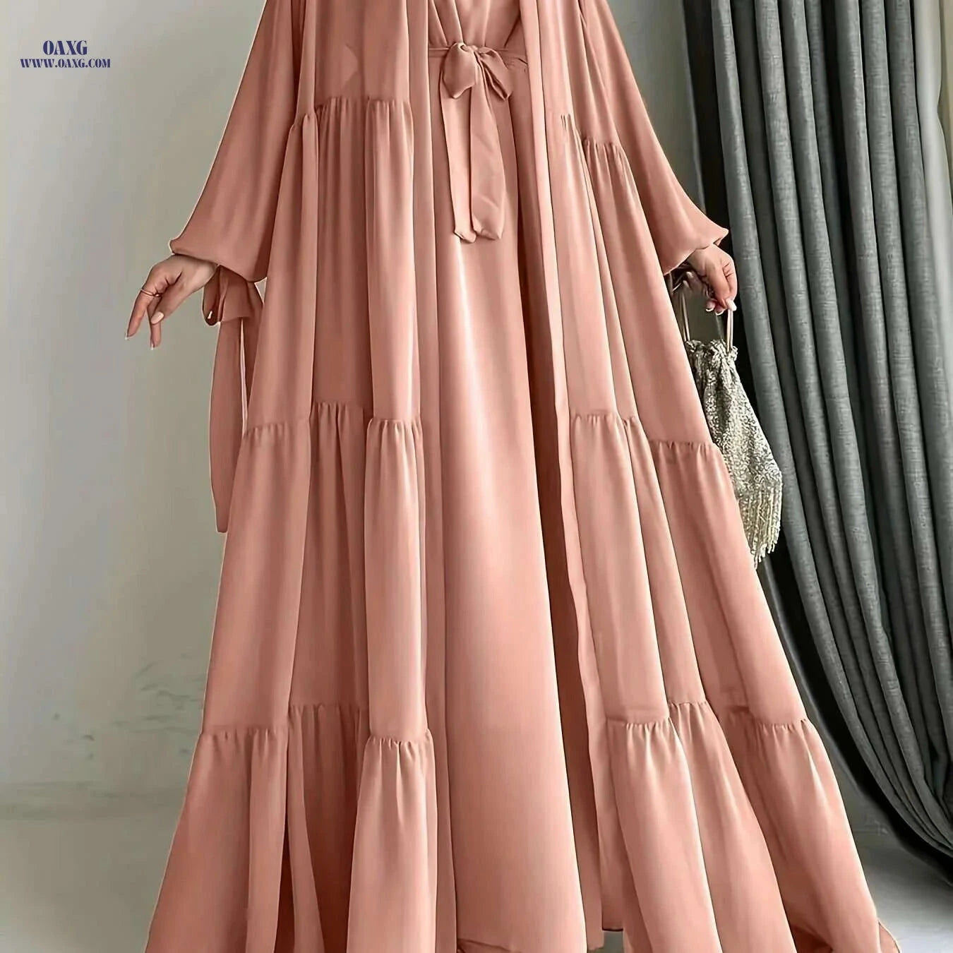 Elegant Chiffon Abaya with Lantern Sleeves - Ruffle Detail & Belt   OAXG Dark Brown / S