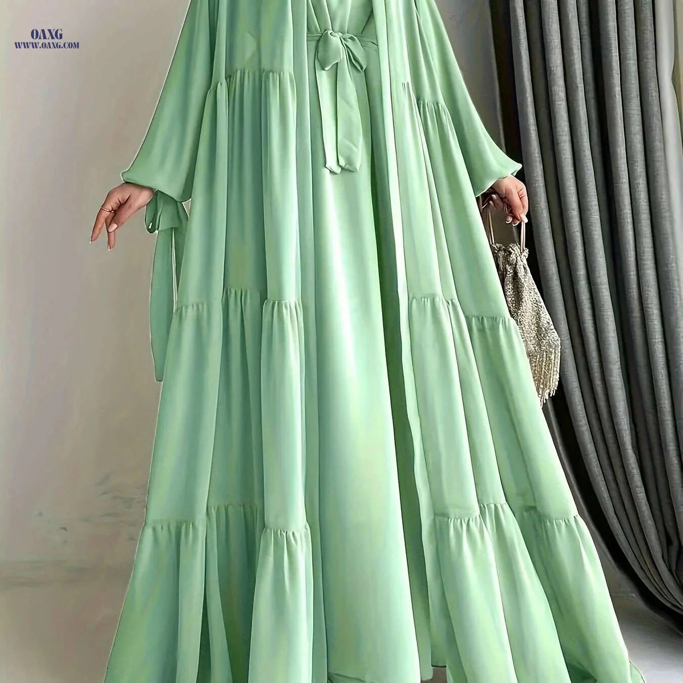 Elegant Chiffon Abaya with Lantern Sleeves - Ruffle Detail & Belt   OAXG 