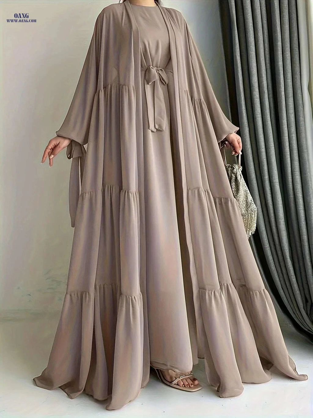 Elegant Chiffon Abaya with Lantern Sleeves - Ruffle Detail & Belt   OAXG 