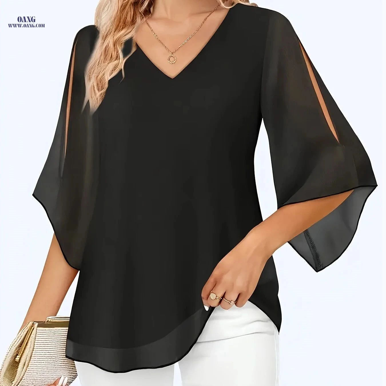 Elegant Chiffon Blouse Q216 - Solid Color, V-Neck Design   OAXG Navy Color / S