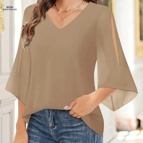 Elegant Chiffon Blouse Q216 - Solid Color, V-Neck Design   OAXG Navy Color / S