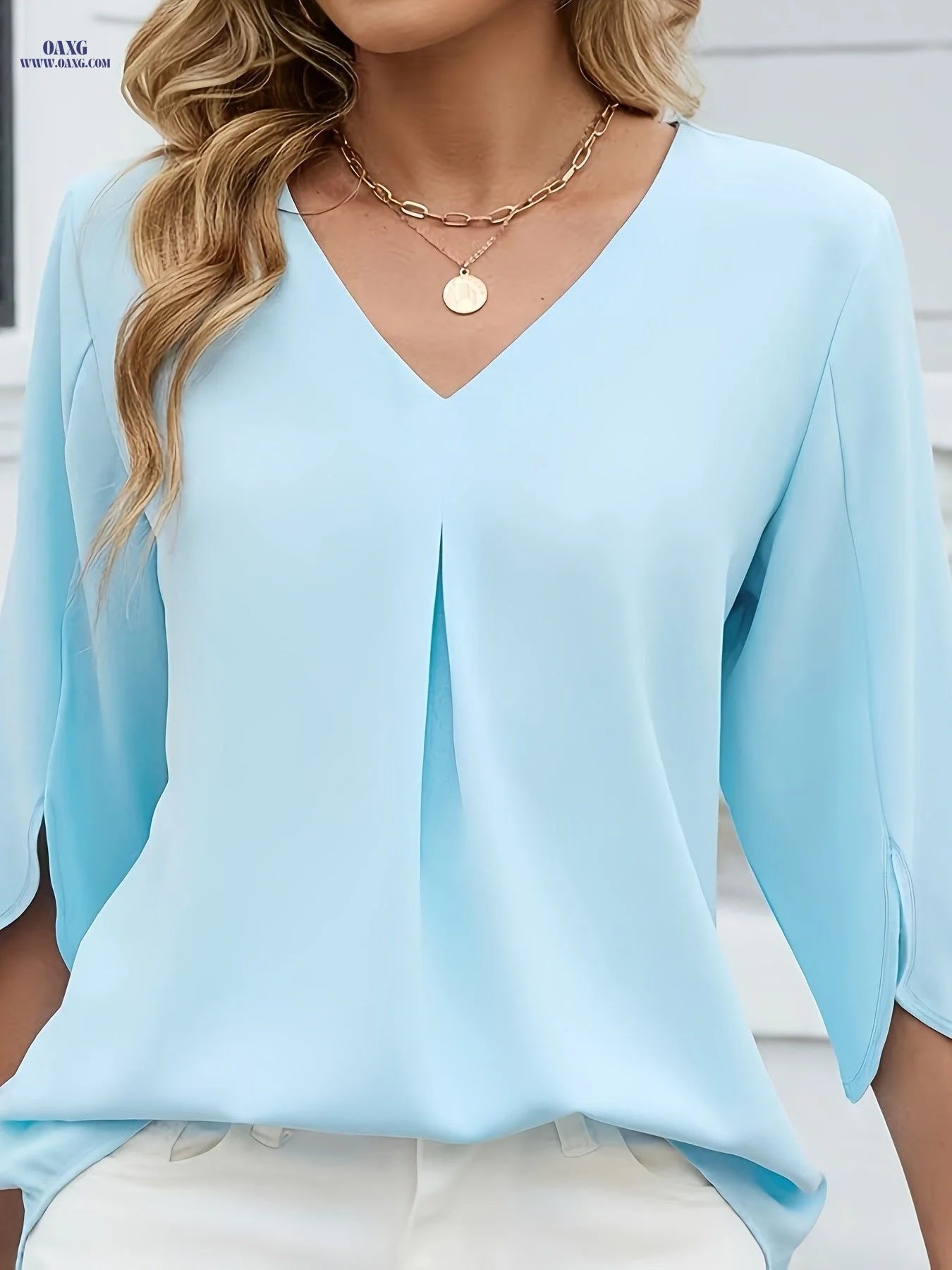 Fashionable New Chiffon Blouse with Mid-Length Sleeves, Ruched V-Neck Loose Women'S Top   OAXG Light Blue / S