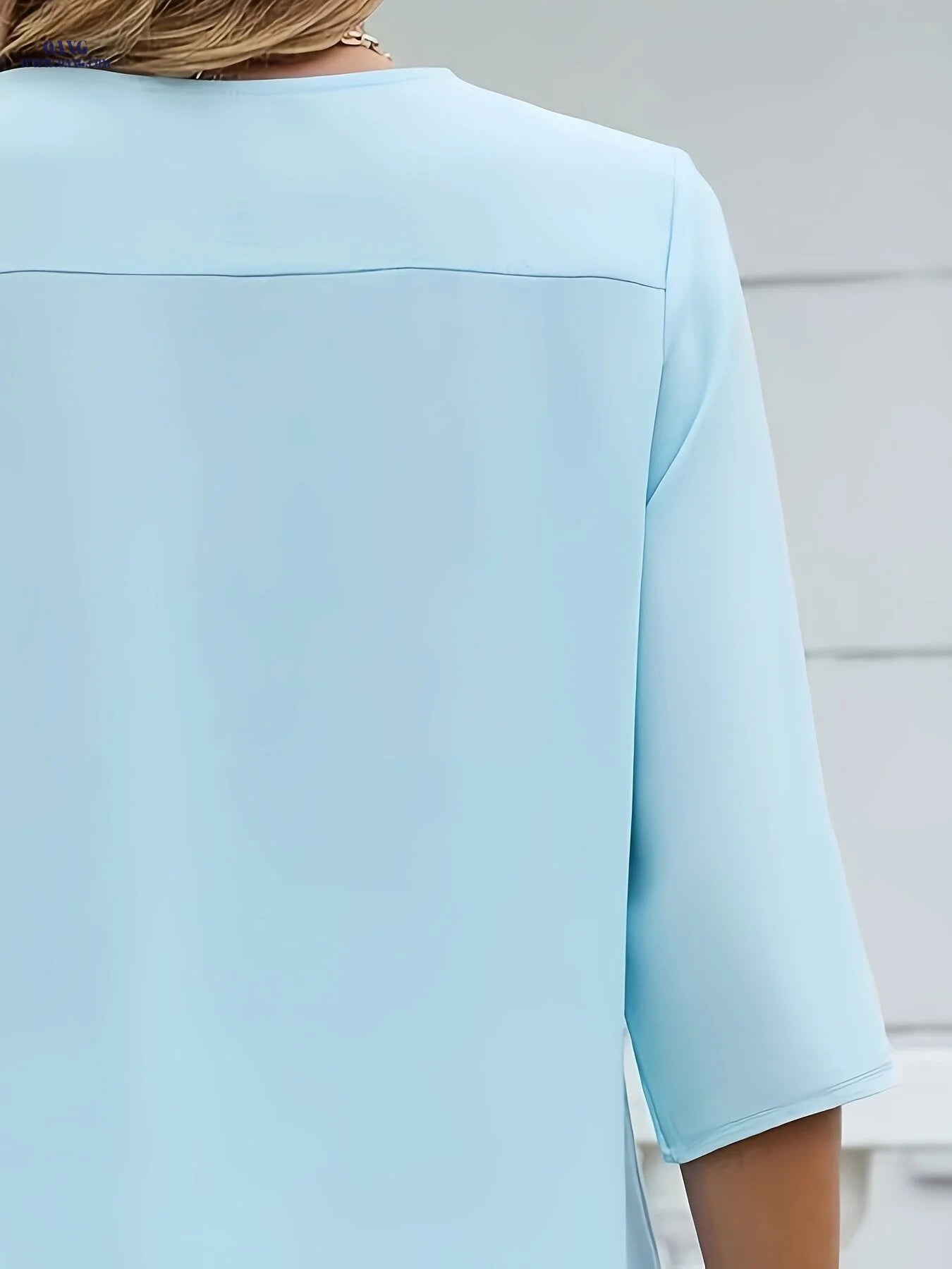 Fashionable New Chiffon Blouse with Mid-Length Sleeves, Ruched V-Neck Loose Women'S Top   OAXG Light Blue / S