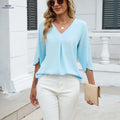 Elegant Chiffon Blouse - Ruched V-Neck, Mid-Length Sleeves for Women   OAXG Light Blue / S