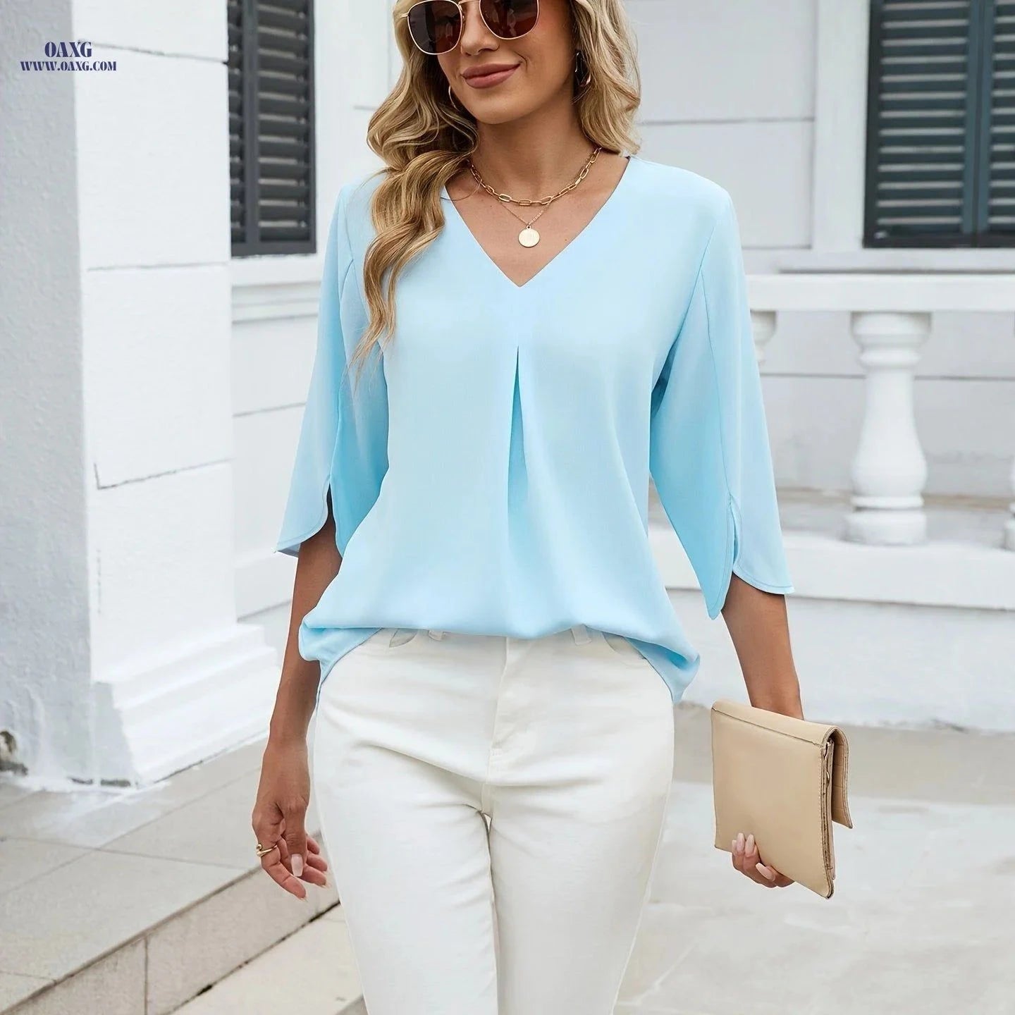 Elegant Chiffon Blouse - Ruched V-Neck, Mid-Length Sleeves for Women   OAXG Light Blue / S