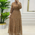 Elegant Chiffon Maxi Dress - Floral Print, Long Sleeves, Cinched Waist   OAXG 
