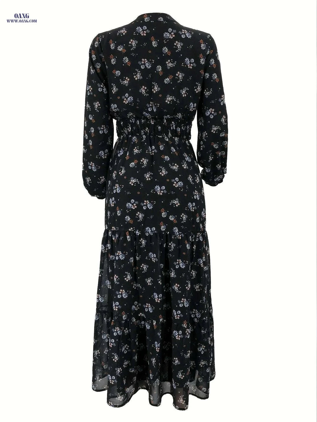 Elegant Chiffon Maxi Dress - Floral Print, Long Sleeves, Cinched Waist   OAXG Camel / S