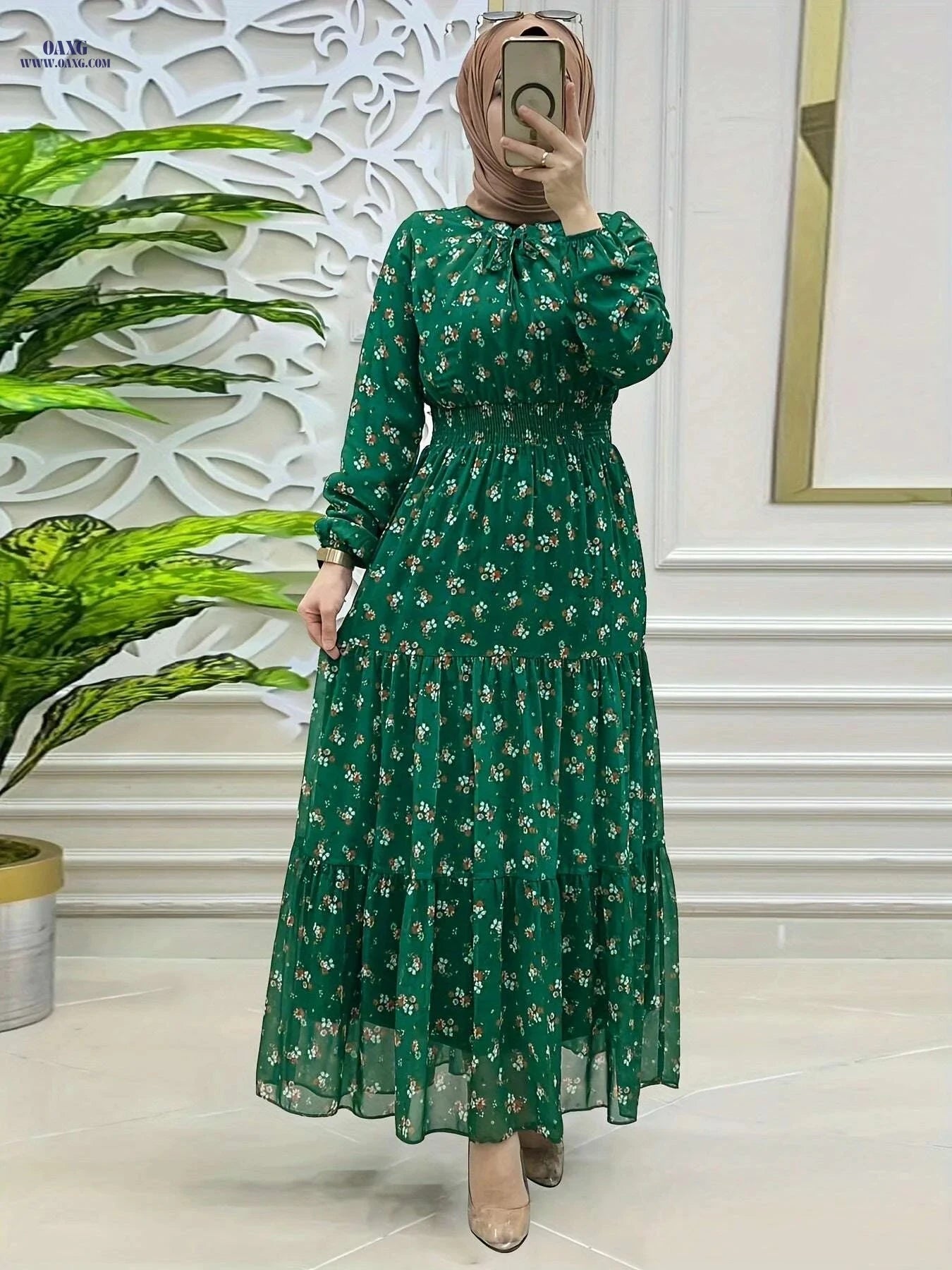 Elegant Chiffon Maxi Dress - Floral Print, Long Sleeves, Cinched Waist   OAXG Camel / S