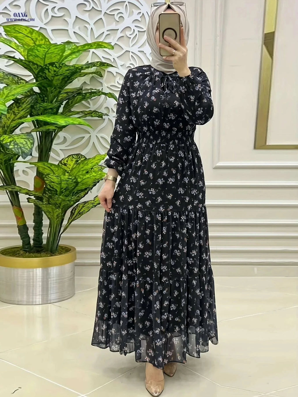 Elegant Chiffon Maxi Dress - Floral Print, Long Sleeves, Cinched Waist   OAXG Camel / S