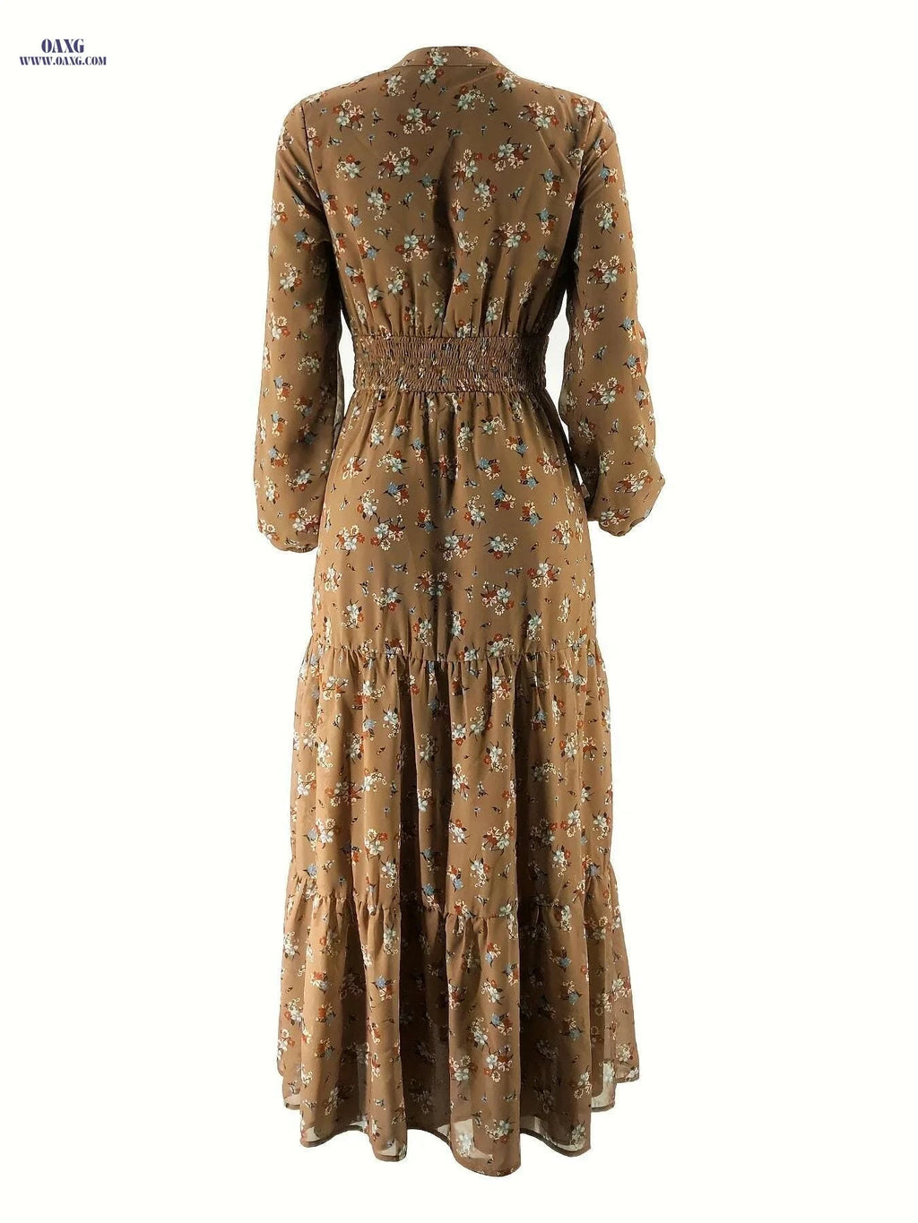 Elegant Chiffon Maxi Dress - Floral Print, Long Sleeves, Cinched Waist   OAXG 