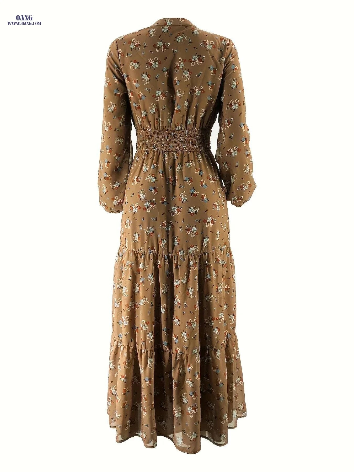 Elegant Chiffon Maxi Dress - Floral Print, Long Sleeves, Cinched Waist   OAXG 