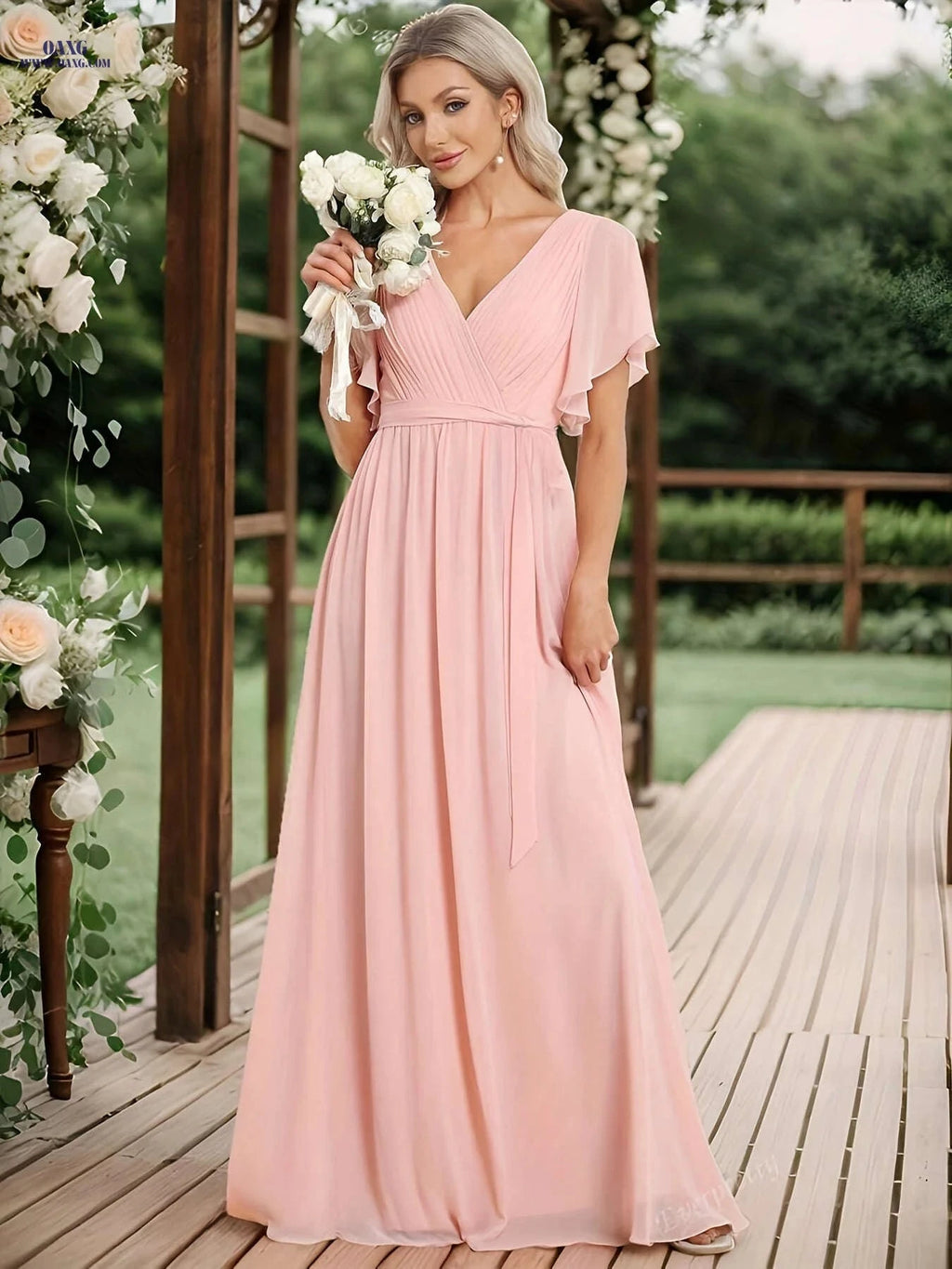 Elegant Chiffon Strapless Wedding Dress - Pleated Butterfly Sleeves   OAXG 