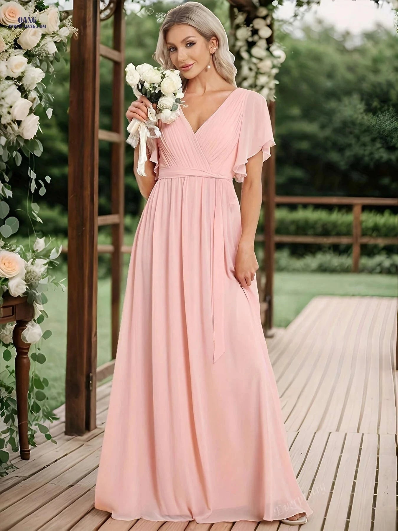 Elegant Chiffon Strapless Wedding Dress - Pleated Butterfly Sleeves   OAXG 