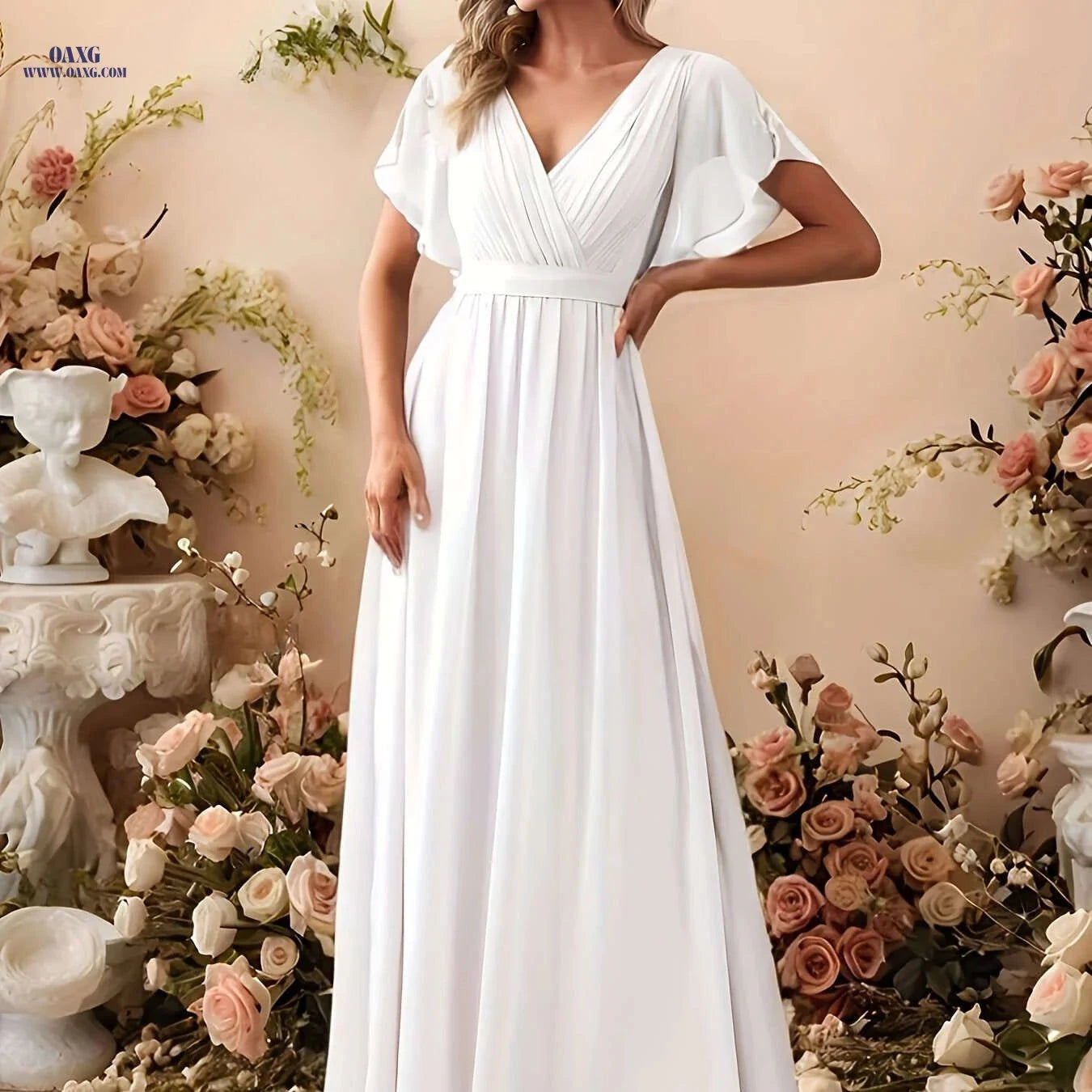 Elegant Chiffon Strapless Wedding Dress - Pleated Butterfly Sleeves   OAXG Light Green / S