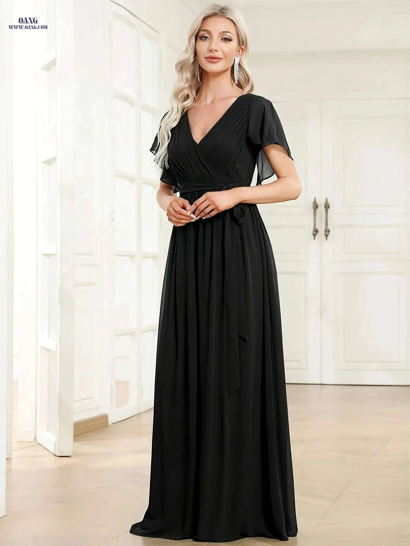 Elegant Chiffon Strapless Wedding Dress - Pleated Butterfly Sleeves   OAXG Light Green / S