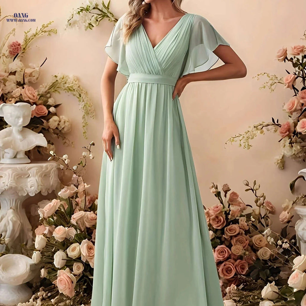 Elegant Chiffon Strapless Wedding Dress - Pleated Butterfly Sleeves   OAXG Light Green / S