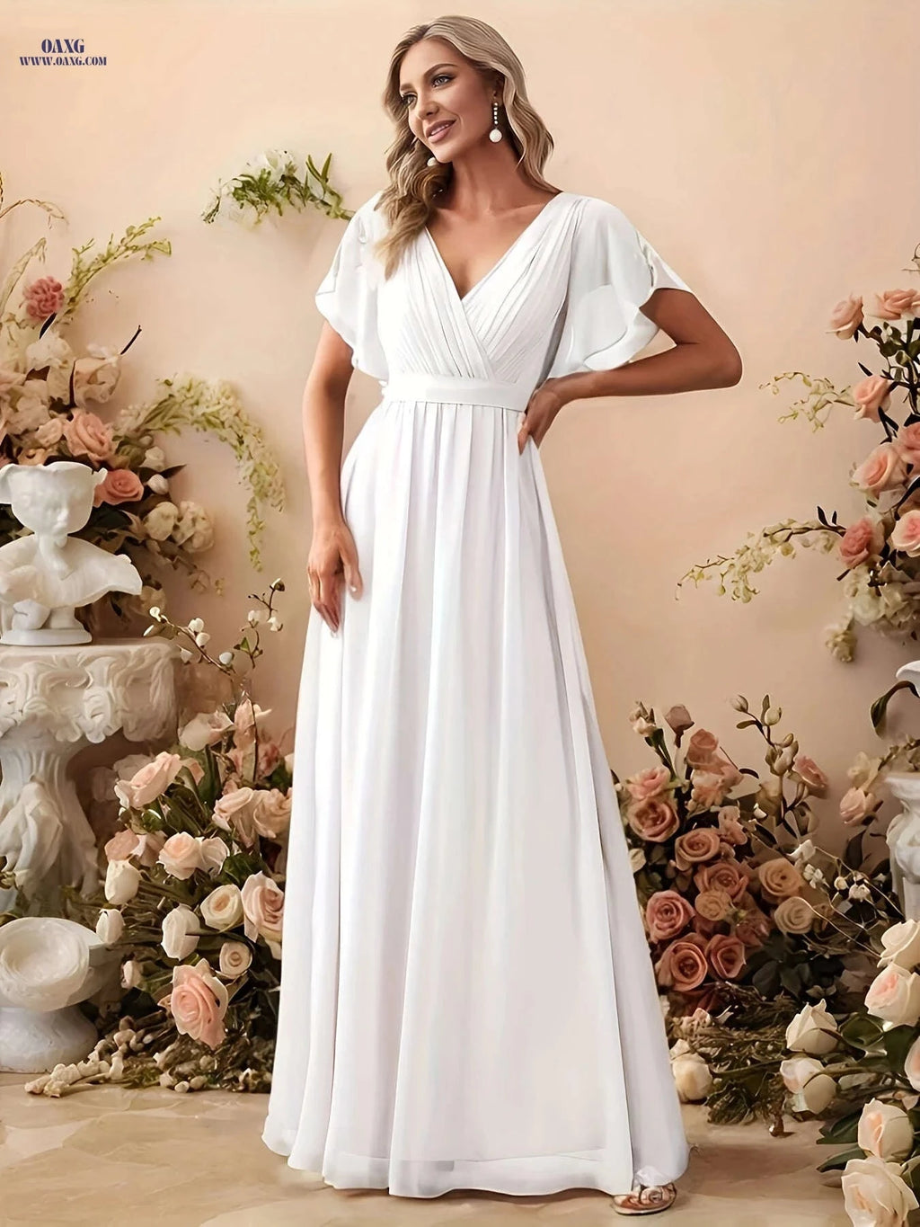 Elegant Chiffon Strapless Wedding Dress - Pleated Butterfly Sleeves   OAXG 