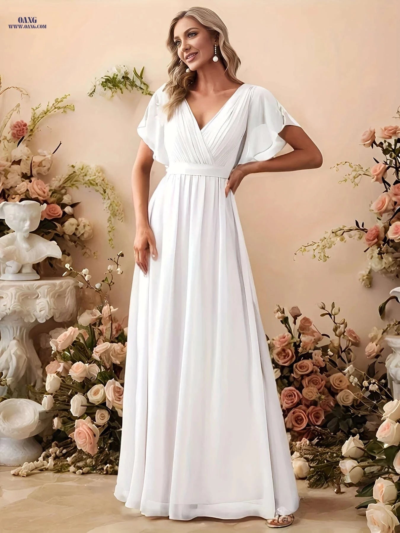 Elegant Chiffon Strapless Wedding Dress - Pleated Butterfly Sleeves   OAXG 