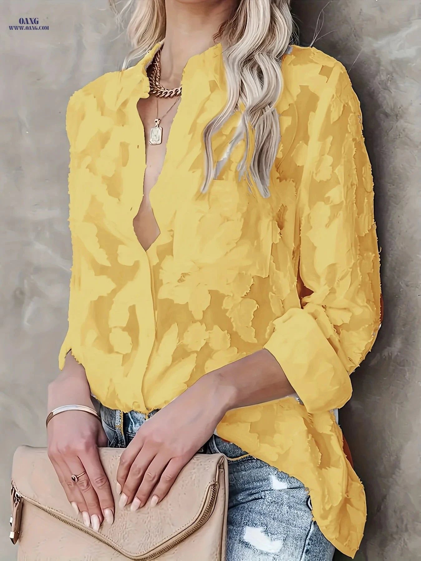 Elegant Classic Jacquard Open Front Shirt - Td030118 for All Seasons   OAXG Lemon Yellow / S