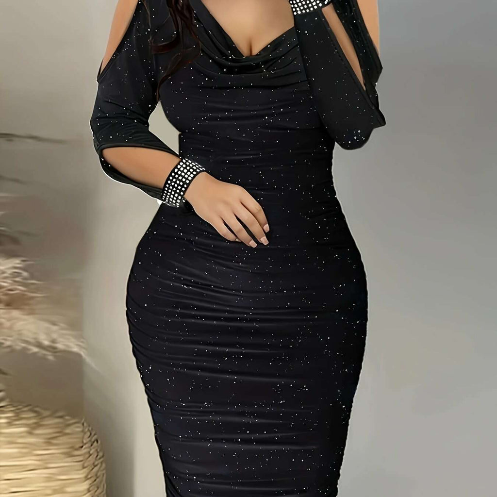 Elegant Cold Shoulder V-Neck Dress - Rhinestone Sleeves for Parties   OAXG Black / S