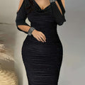 Elegant Cold Shoulder V-Neck Dress - Rhinestone Sleeves for Parties   OAXG Black / S