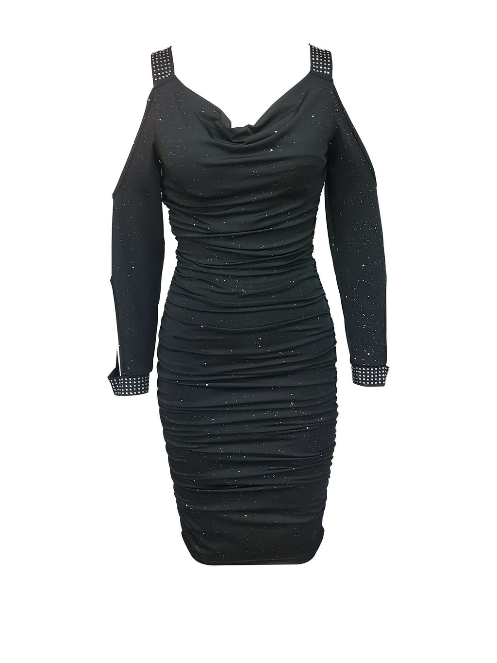 Elegant Cold Shoulder V-Neck Dress - Rhinestone Sleeves for Parties   OAXG Black / S