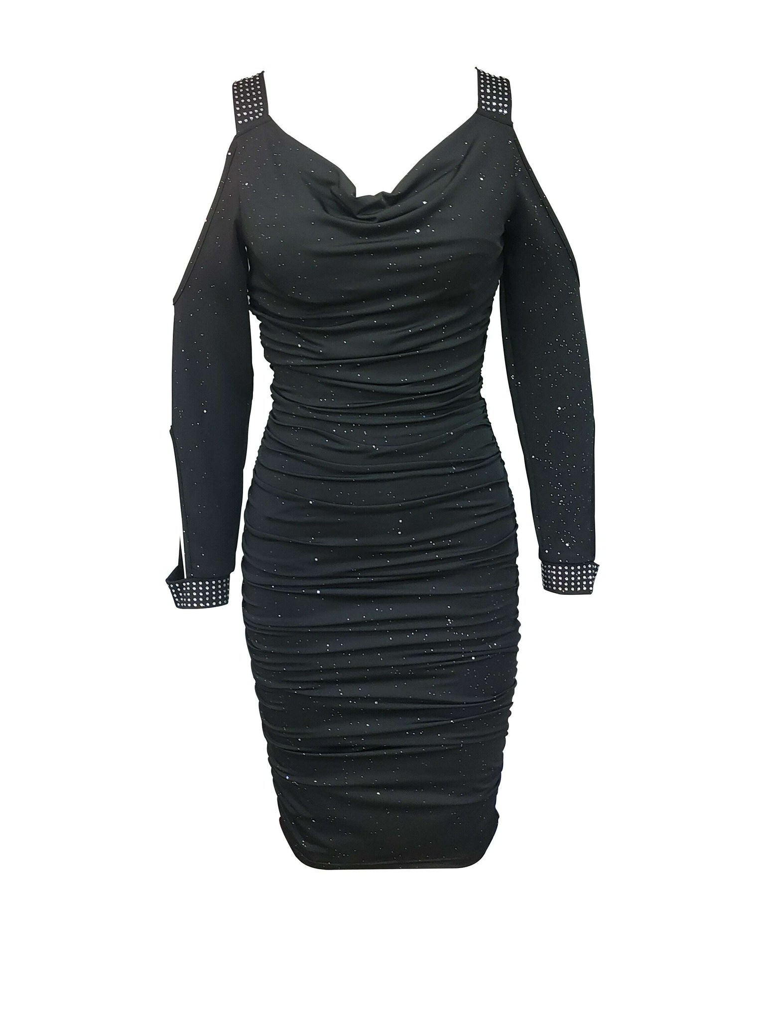 Elegant Cold Shoulder V-Neck Dress - Rhinestone Sleeves for Parties   OAXG Black / S