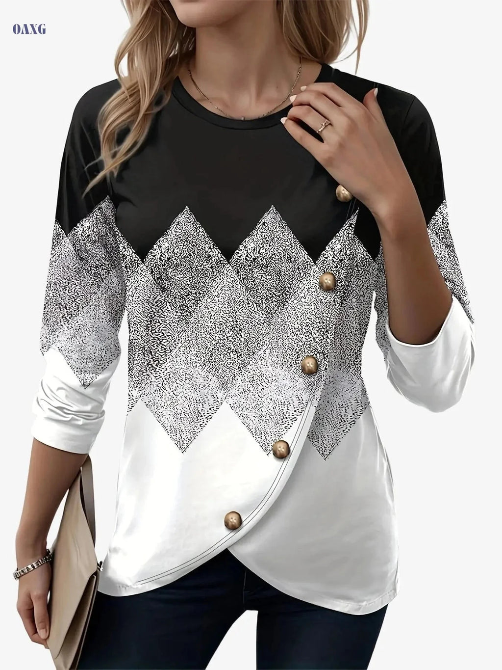 Elegant Color Block Crew Neck T-Shirt - Women's Casual Spring Style   OAXG 