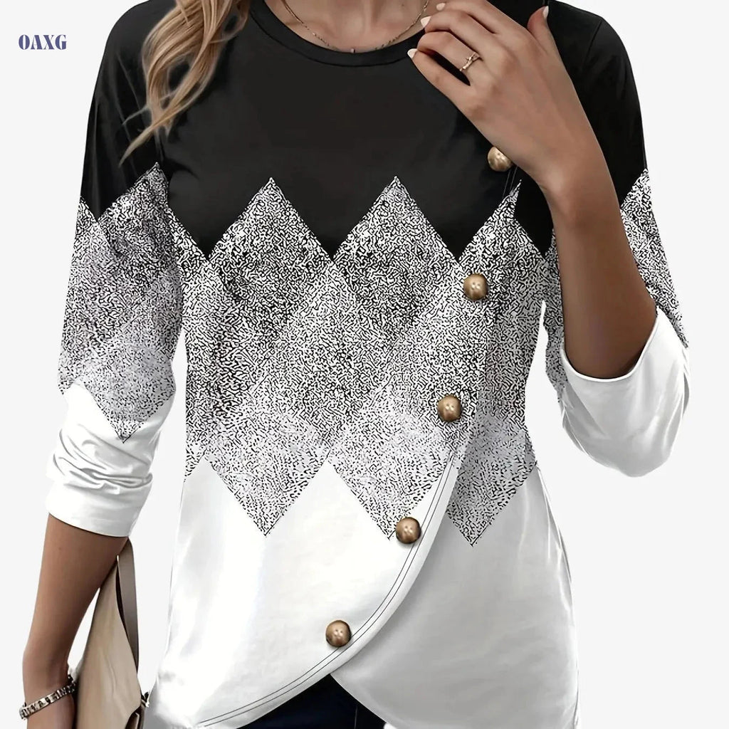 Elegant Color Block Crew Neck T-Shirt - Women's Casual Spring Style   OAXG 