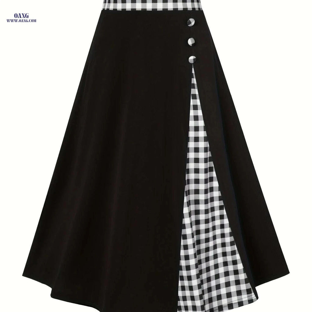 Elegant Color Block High Waist Midi Skirt - Women's A-Line Style   OAXG 