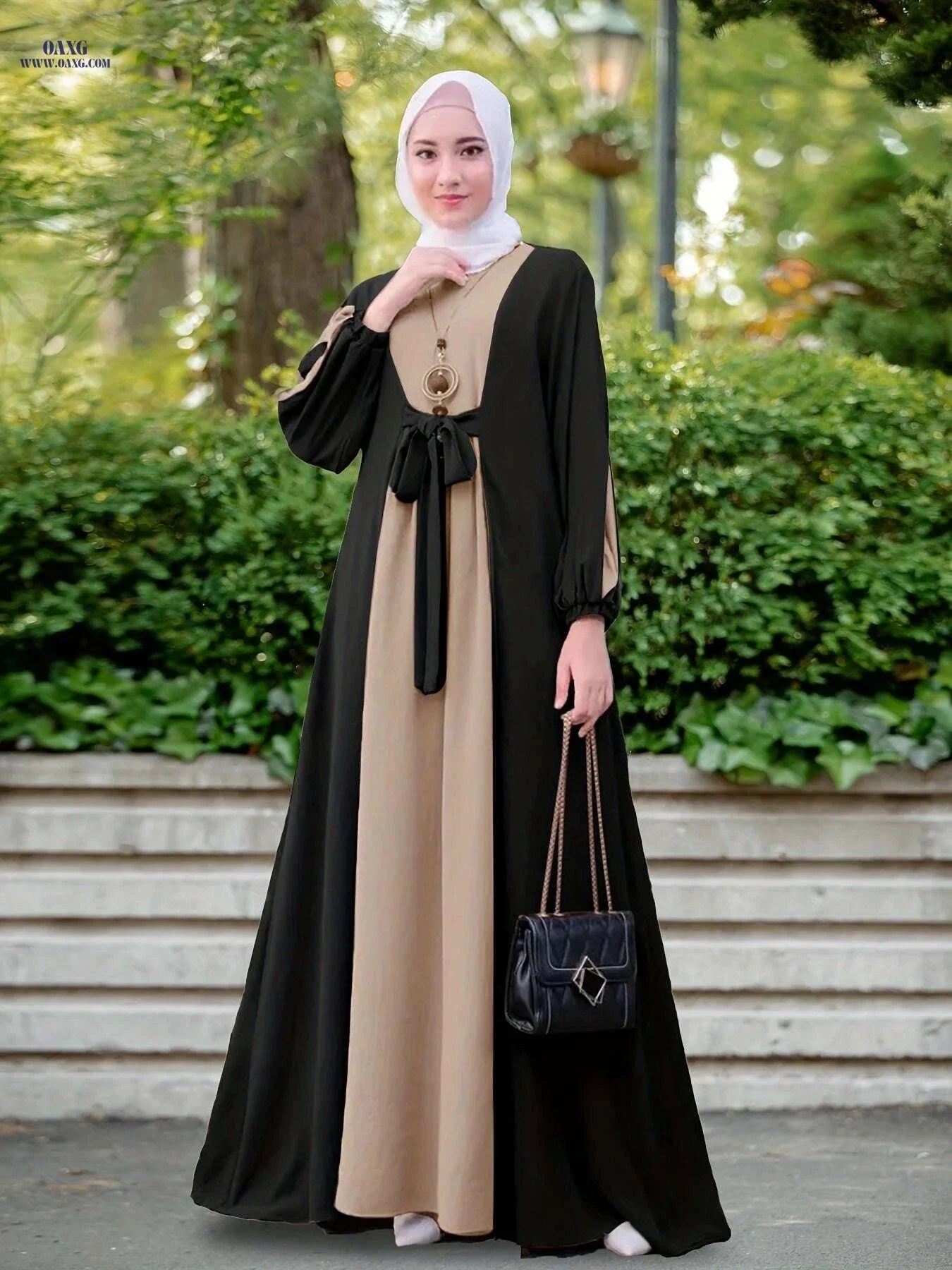 Elegant Color Block Maxi Dress - Long Sleeve, Modest Fit for Women   OAXG 