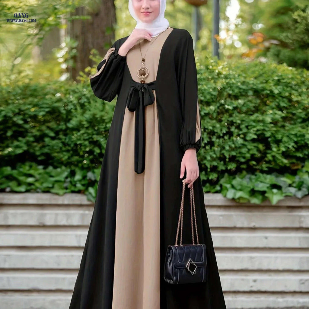 Elegant Color Block Maxi Dress - Long Sleeve, Modest Fit for Women   OAXG 