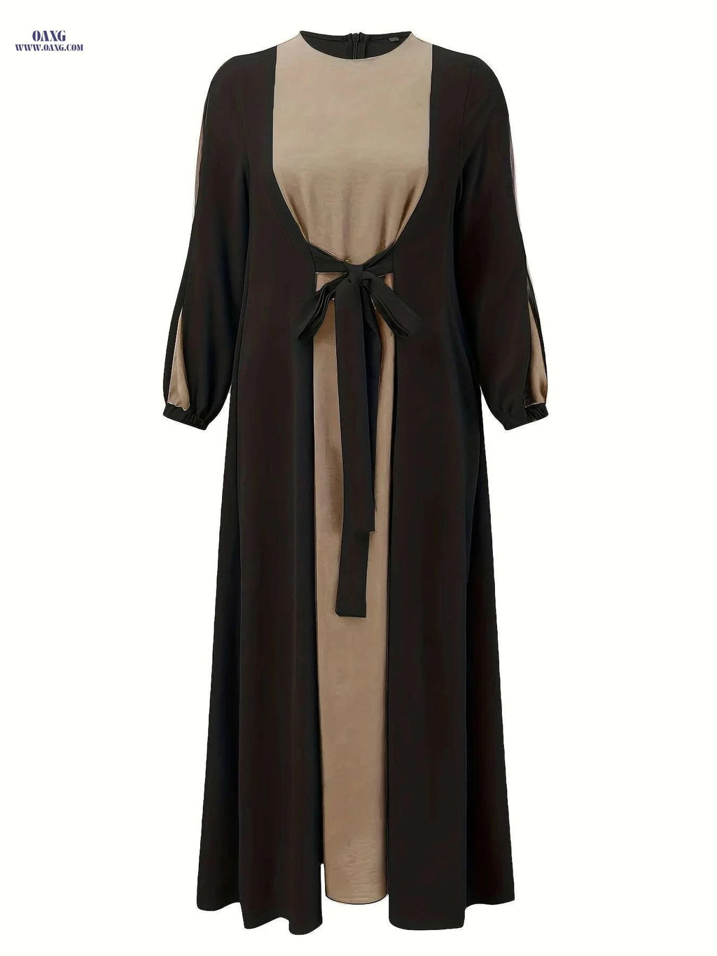 Elegant Color Block Maxi Dress - Long Sleeve, Modest Fit for Women   OAXG Black / S