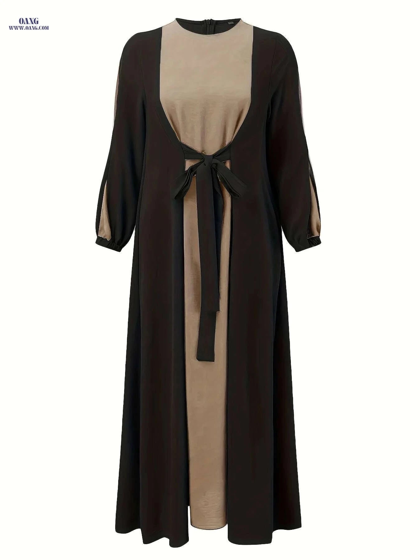 Elegant Color Block Maxi Dress - Long Sleeve, Modest Fit for Women   OAXG Black / S