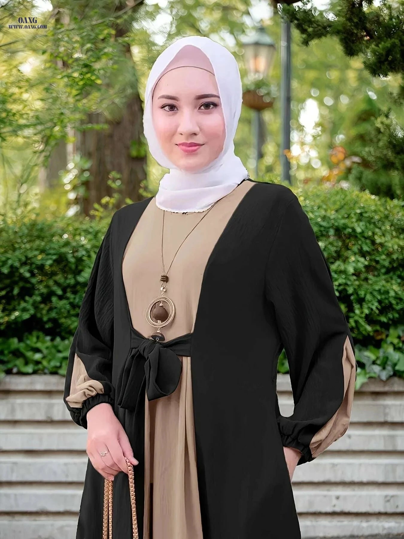 Elegant Color Block Maxi Dress - Long Sleeve, Modest Fit for Women   OAXG Black / S