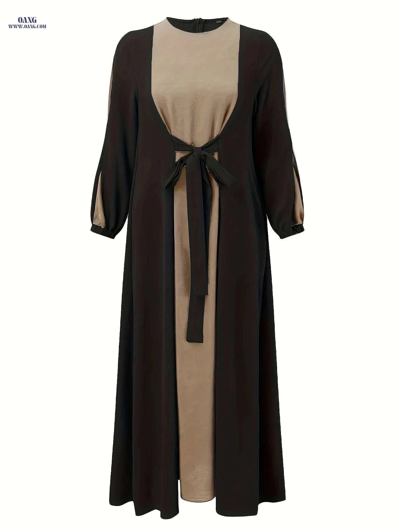 Elegant Color Block Maxi Dress - Long Sleeve, Modest Fit for Women   OAXG Black / S