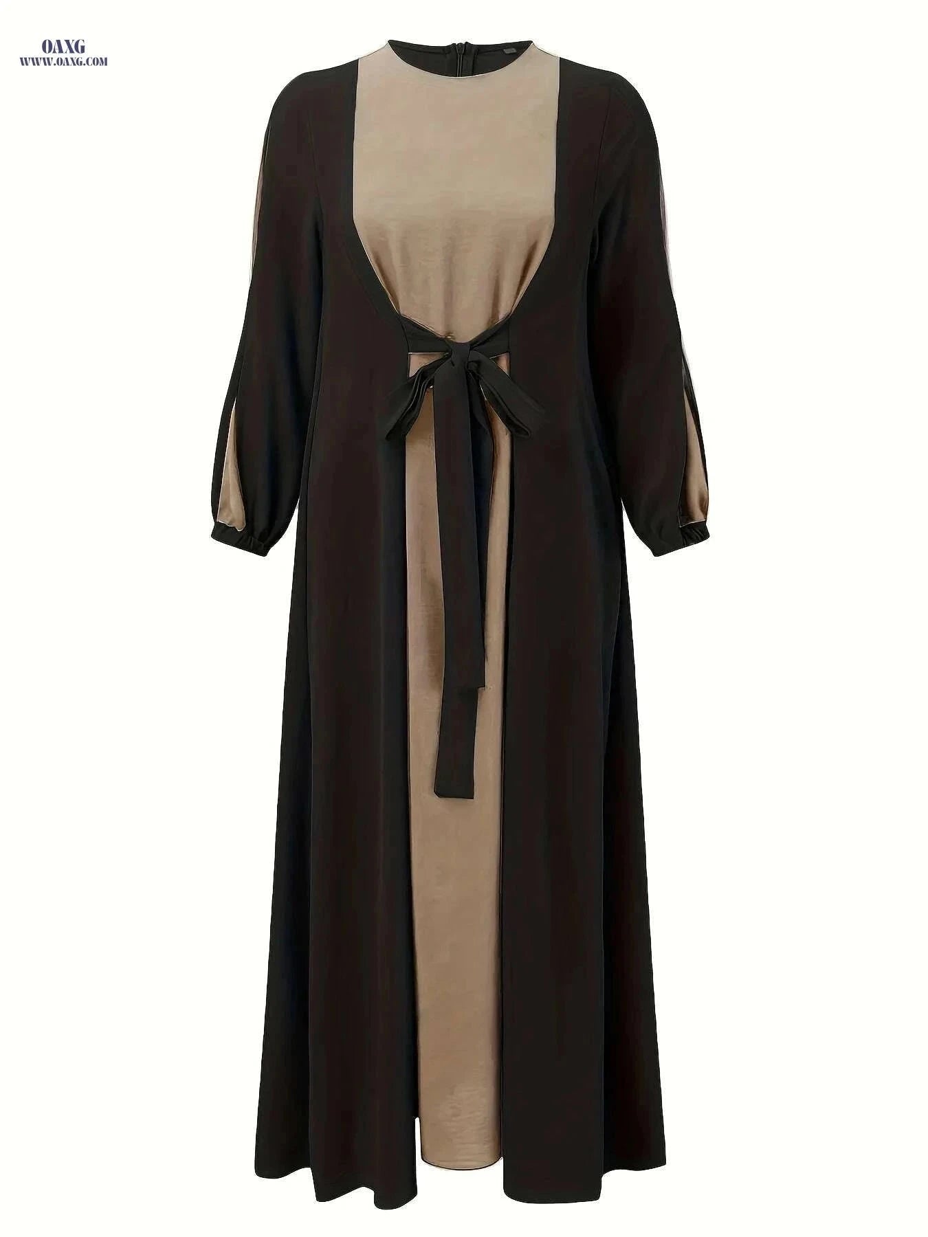 Elegant Color Block Maxi Dress - Long Sleeve, Modest Fit for Women   OAXG Black / S