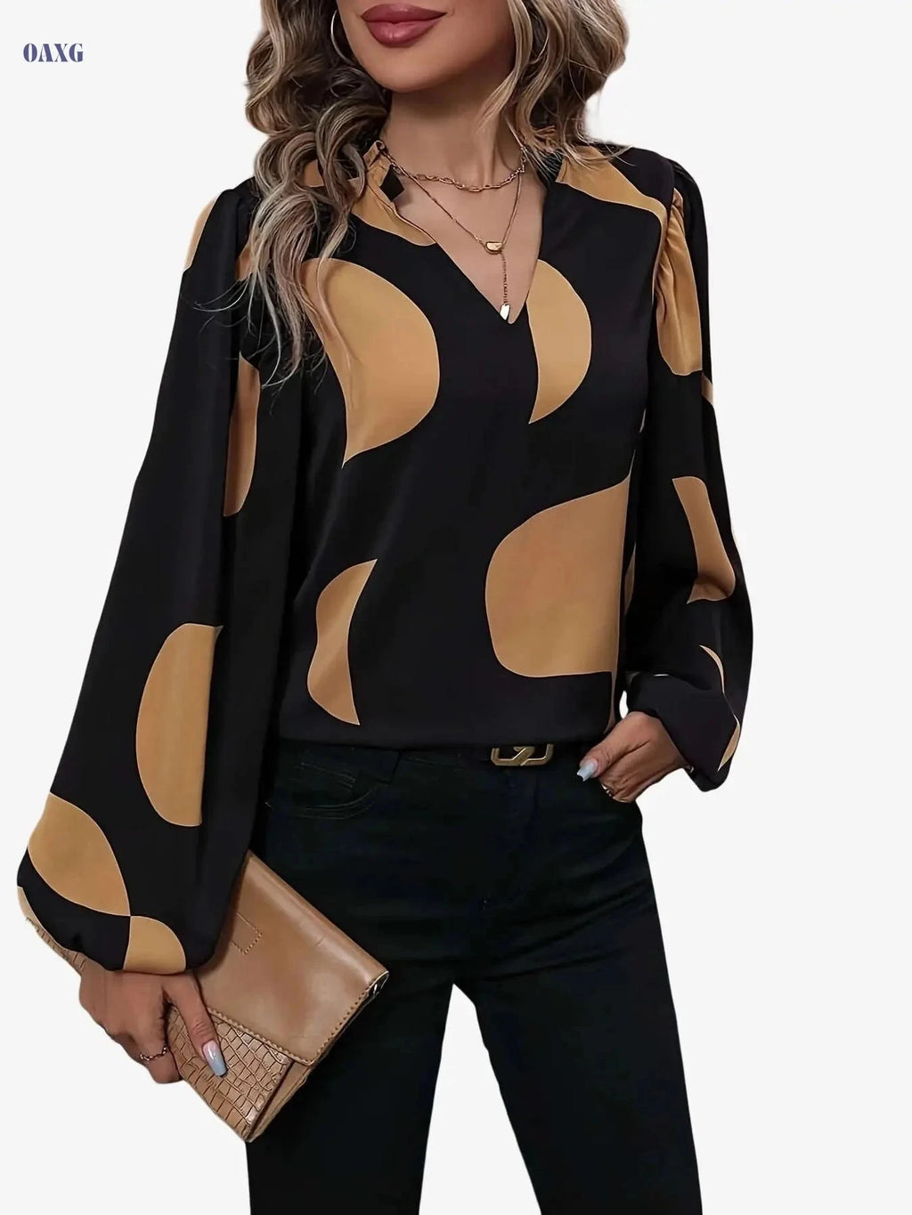 Elegant Color-Block Notched Collar Shirt - Lantern Sleeve Style   OAXG 