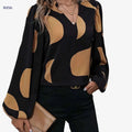 Elegant Color-Block Notched Collar Shirt - Lantern Sleeve Style   OAXG 