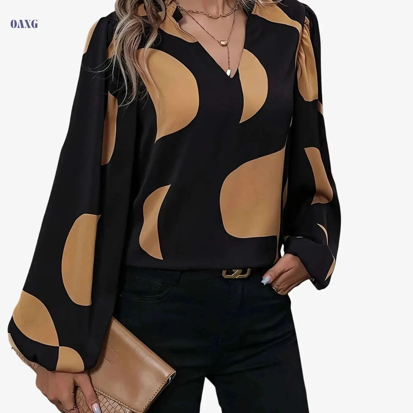 Elegant Color-Block Notched Collar Shirt - Lantern Sleeve Style   OAXG 