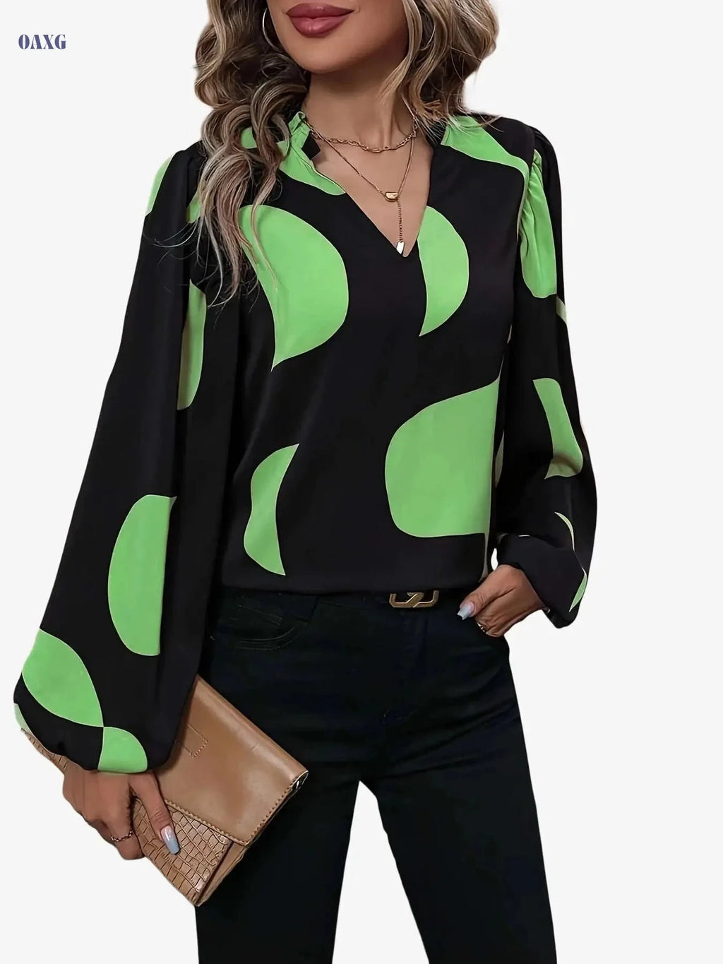 Elegant Color-Block Notched Collar Shirt - Lantern Sleeve Style   OAXG 