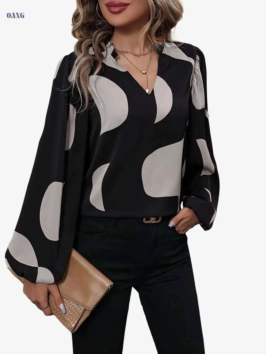 Elegant Color-Block Notched Collar Shirt - Lantern Sleeve Style   OAXG Chocolate / S