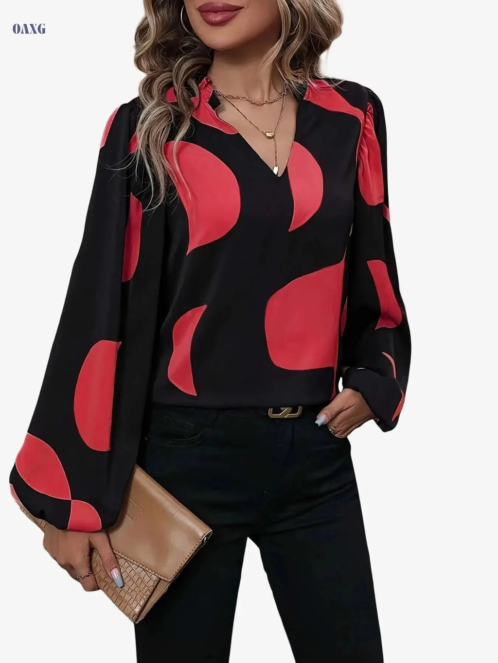 Elegant Color-Block Notched Collar Shirt - Lantern Sleeve Style   OAXG Chocolate / S